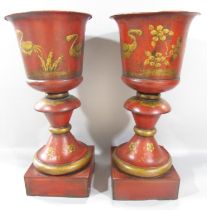 A pair of Regency style toleware jardiniere stands with chinoiserie style decoration, 43cm high