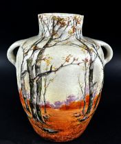 A Jerome Massier Vallauris ceramic vase woodland landscape detail, small lug handles and square