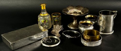 A silver lobed dish, two silver salts, two silver bracelets, a plated sandwich box, a filigree