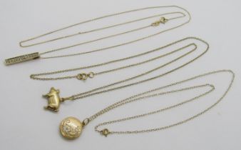 Three 9ct pendant necklaces comprising a small locket, an example set with a vertical line of