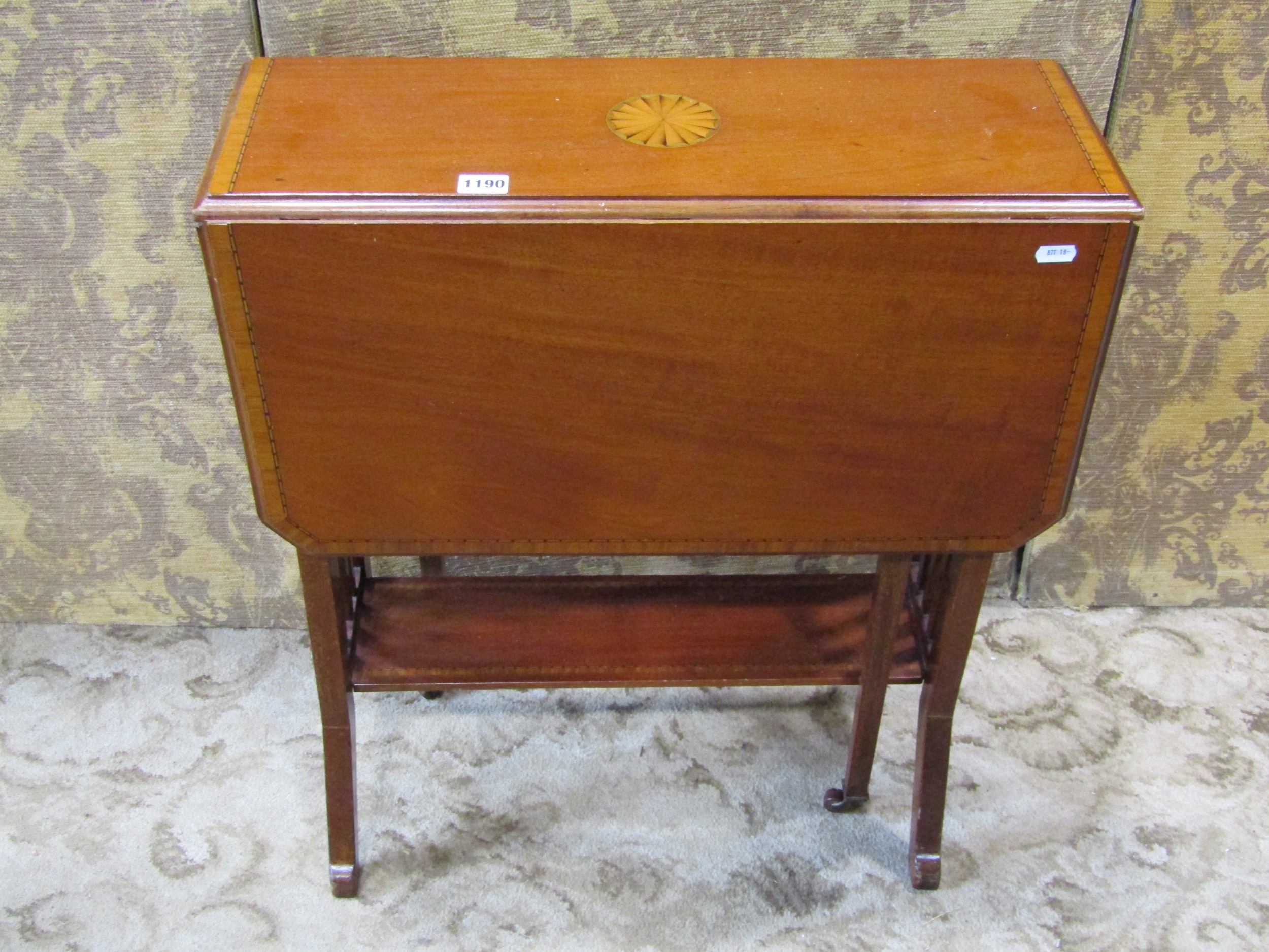 An inlaid Edwardian mahogany drop leaf Sutherland drop leaf tea table on splayed supports together - Image 3 of 7