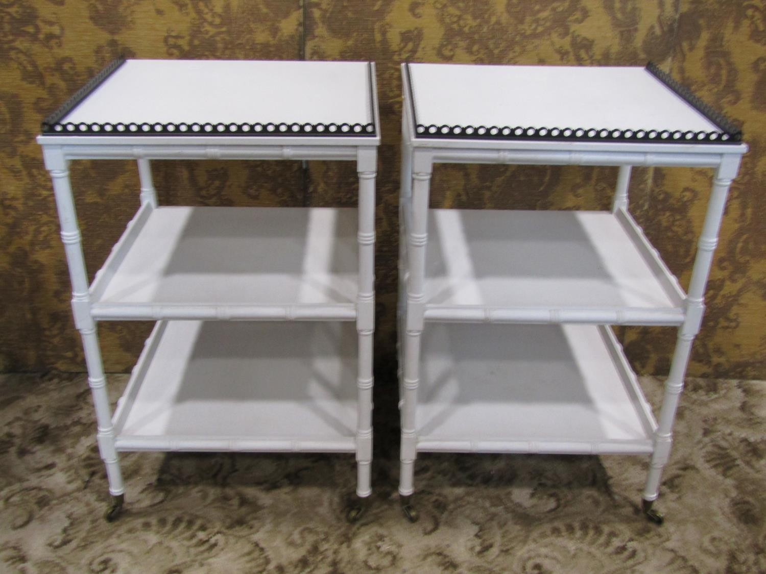 A pair of white painted Regency style three tier faux bamboo lamp tables, with pierced brass gallery - Image 2 of 3