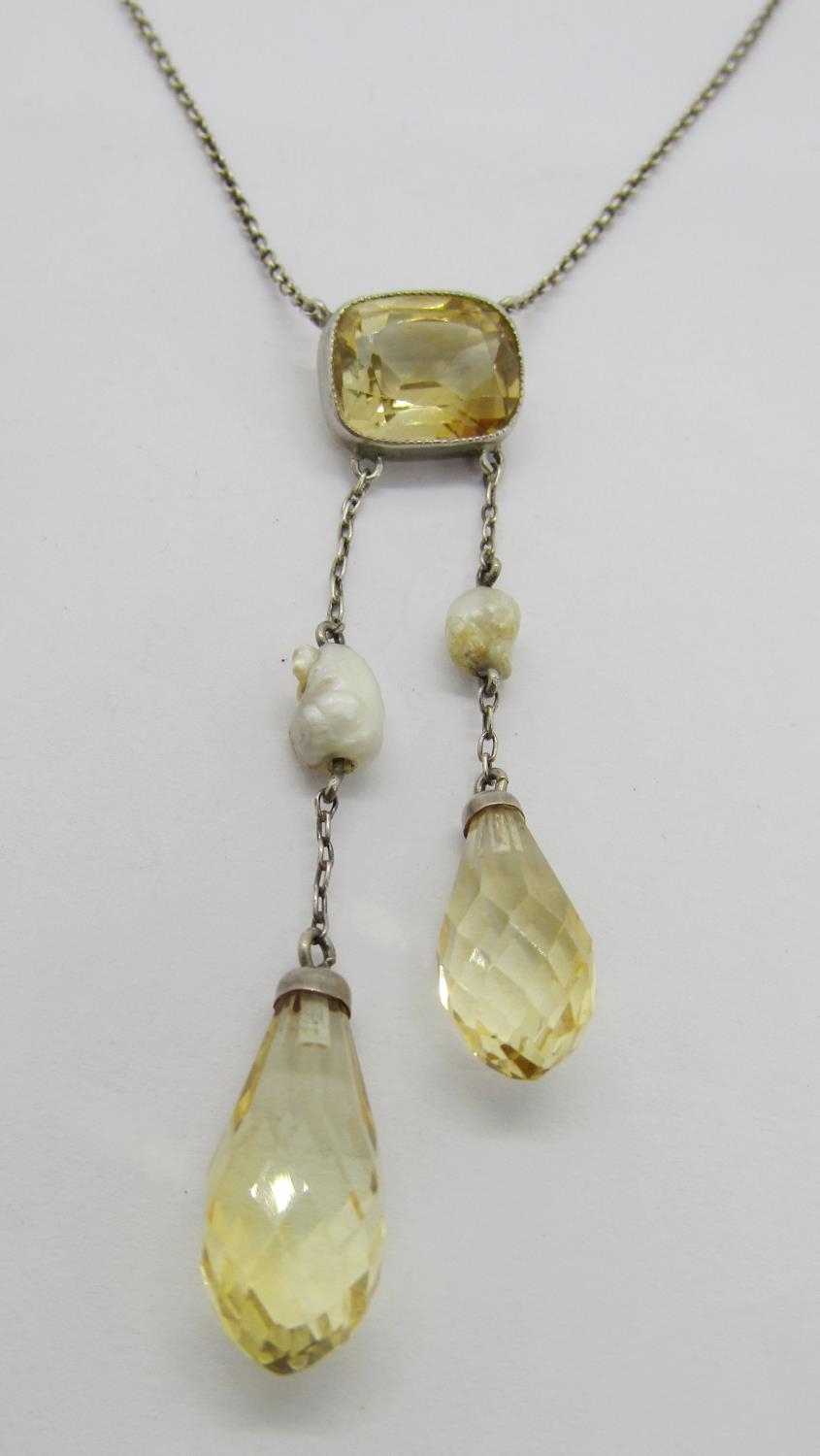 800 silver citrine and baroque pearl negligee necklace and a matched pair of briolette-cut citrine - Image 2 of 3