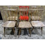A set of six vintage Ercol elm and beechwood tapered stickback diming chairs (one with later painted