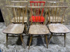 A set of six vintage Ercol elm and beechwood tapered stickback diming chairs (one with later painted