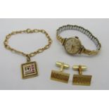 Group of vintage jewellery comprising an Accurist lady's 9ct watch upon gold-plated bracelet, a pair