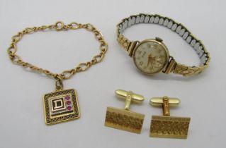 Group of vintage jewellery comprising an Accurist lady's 9ct watch upon gold-plated bracelet, a pair