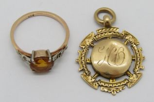 Edwardian 9ct pendant with engraved detail, maker 'J.M', Birmingham 1906, 3.2g and a 9ct citrine