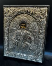 A 19th Century Style Greek Icon of a Greek Orthodox Bishop, his portrait painted within a frame of