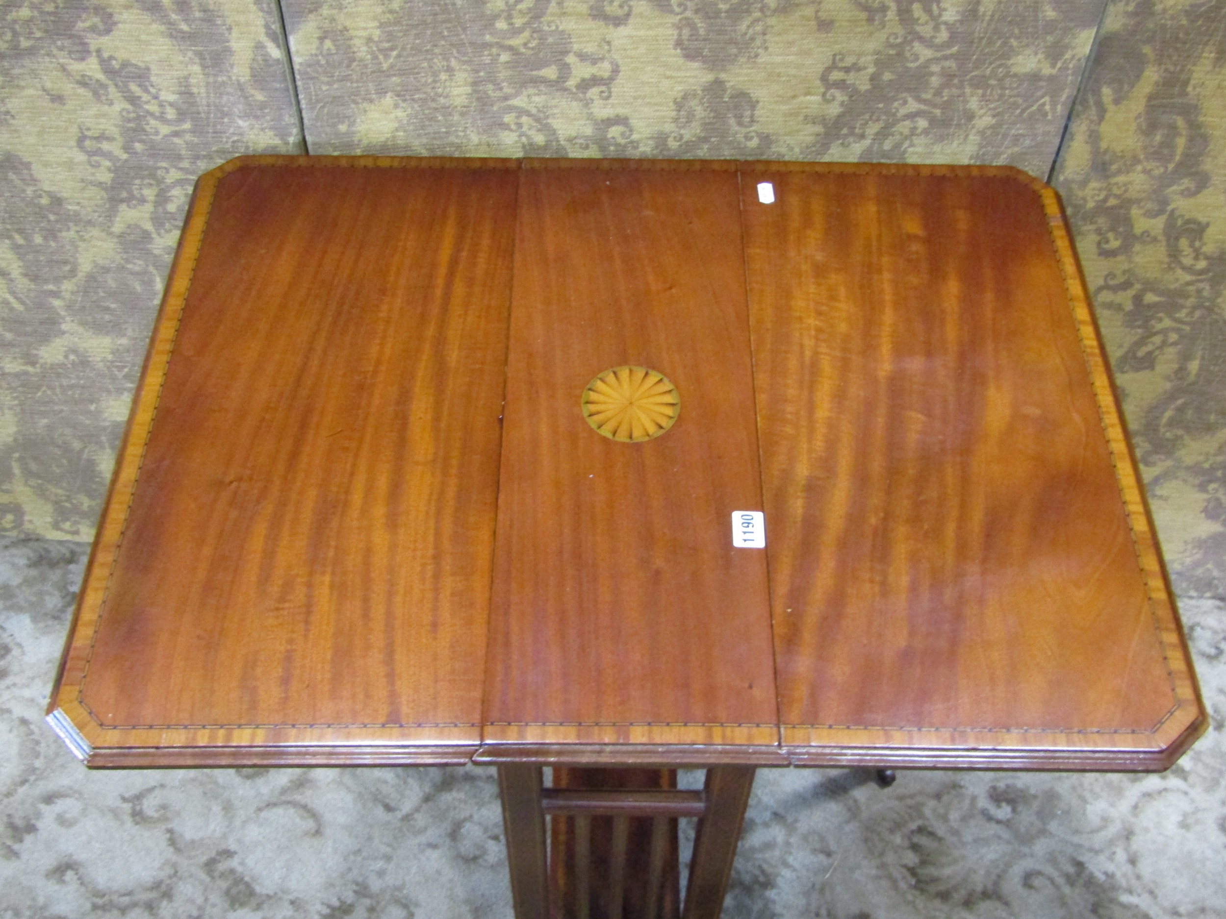 An inlaid Edwardian mahogany drop leaf Sutherland drop leaf tea table on splayed supports together - Image 6 of 7