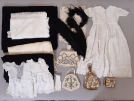 A collection of vintage fabric and accessories including 3 1930's beaded purses, a 1950's powder