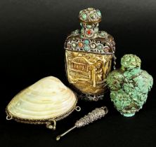 Two Dutch glass decanters, two carved turquoise snuff bottles, mother-of-pearl purse