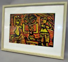 20th Century African school, composition with figures, linocut/woodblock, 30 x 45 cm, framed.