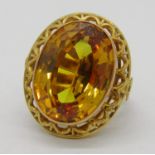 Vintage synthetic yellow sapphire cocktail ring, the oval sapphire measuring 1.9 x 1.4cm approx,