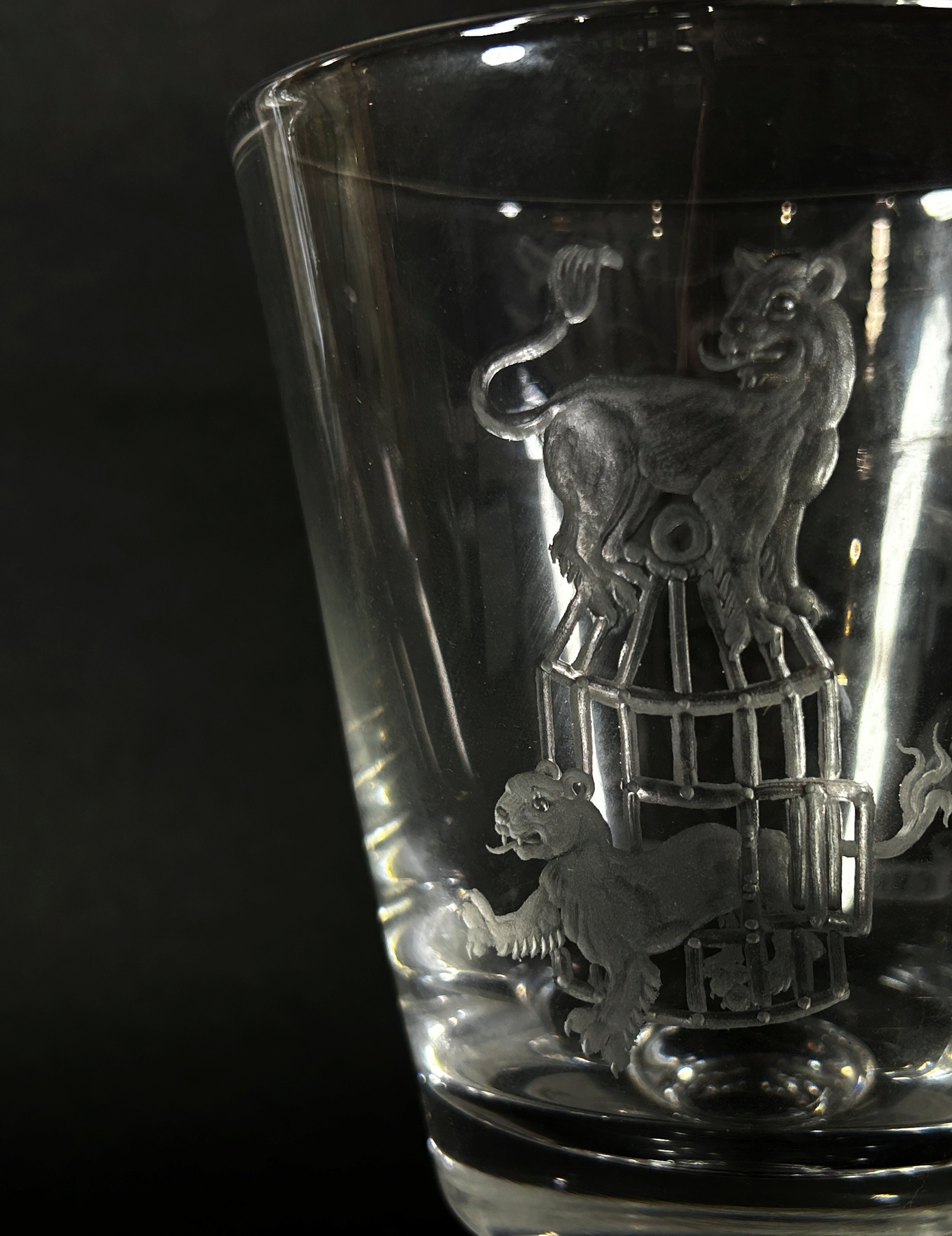 A Crested Armorial glass, with Norman Heritage bearing the War Cry ...