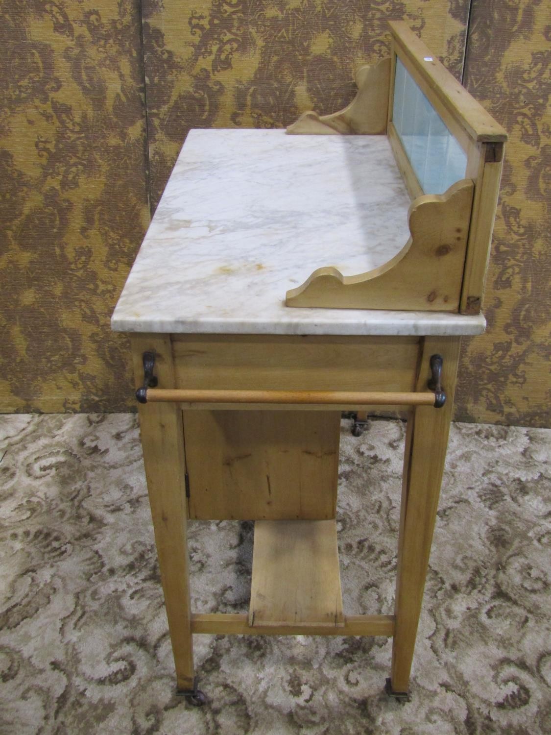 An Edwardian stripped pine marble top washstand with tiled splashback over a frieze drawer and - Image 3 of 4