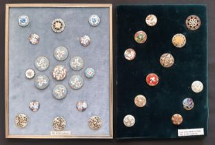 A collection of 19th - 20th century enamelled buttons, all individual and finely detailed, mounted