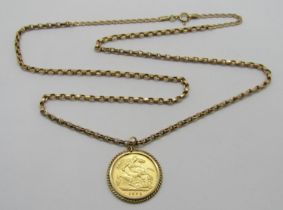 Half sovereign dated 1899 in 9ct pendant mount, hung from an associated 9ct chain necklace, chain