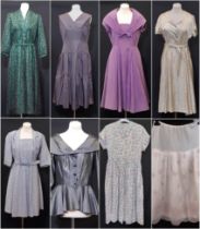 A collection of 1950's ladies garments including a purple evening dress by Carnegie in water