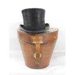 A vintage leather top hat box containing a modern 100% fine fur felt hat size UK 7 1/8 US 7 1/4