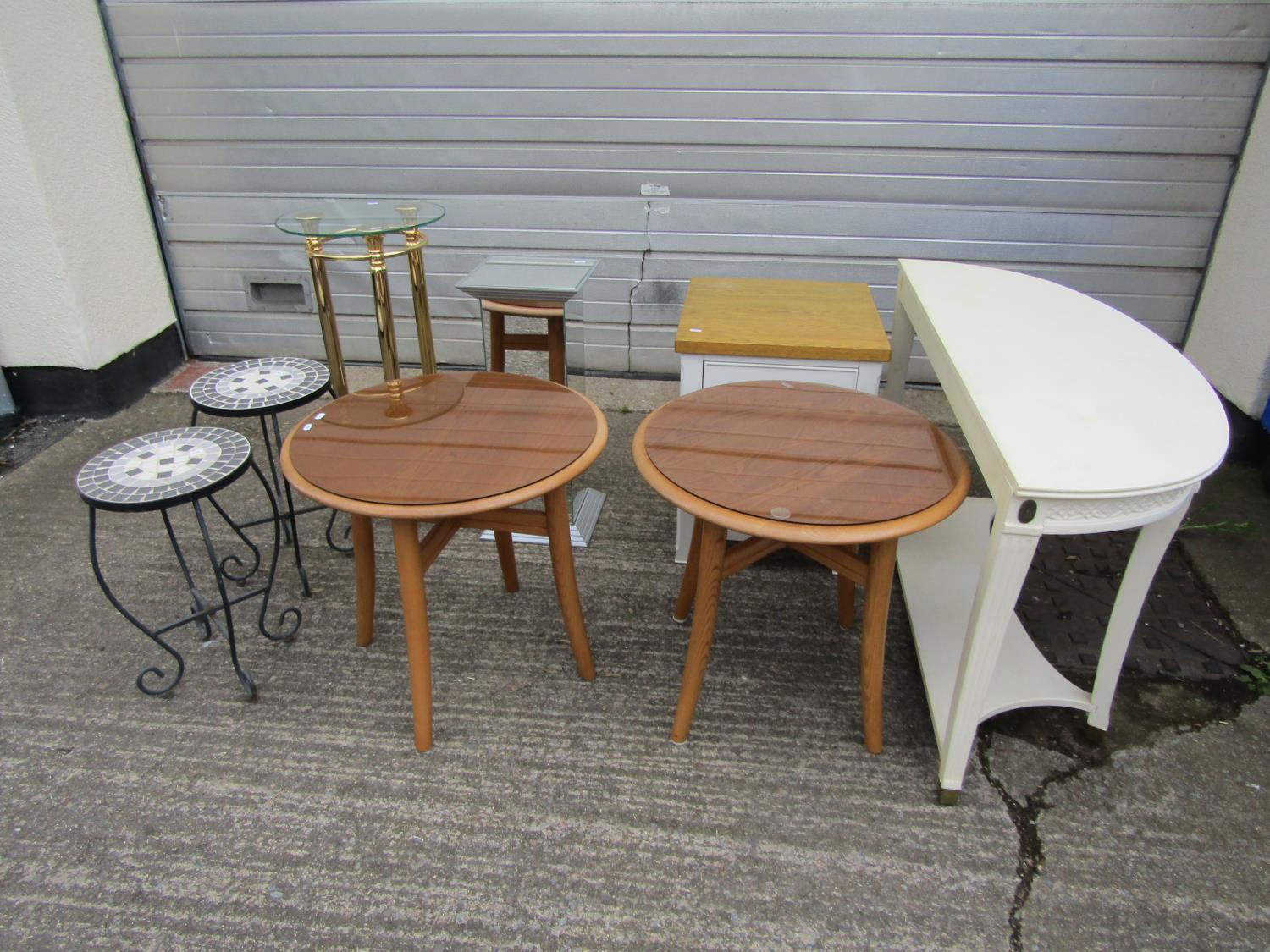 A collection of contemporary furniture including a pair of circular Ercol light elm occasional