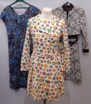 A collection of 1960-70's dresses and accessories including a 2 piece outfit in a bold Mary Quant
