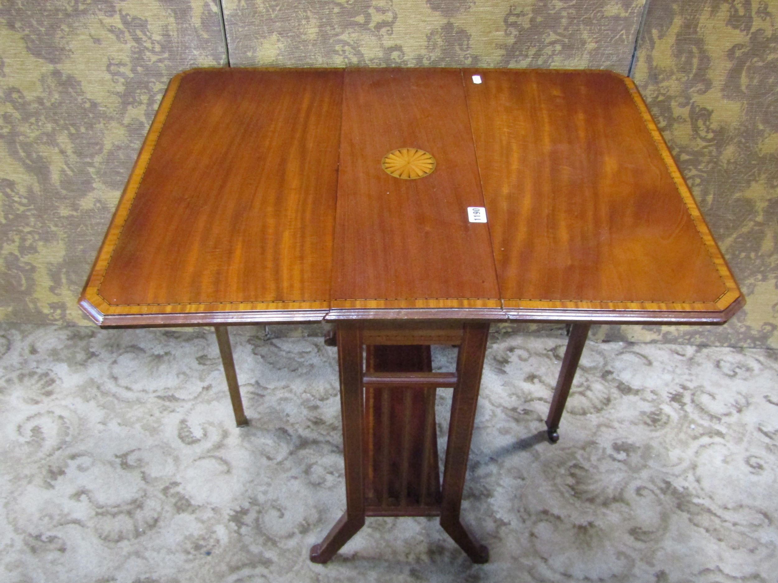 An inlaid Edwardian mahogany drop leaf Sutherland drop leaf tea table on splayed supports together - Image 5 of 7