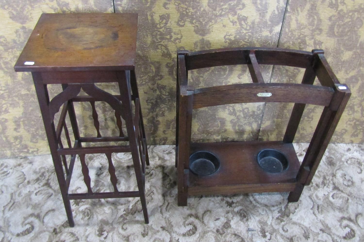 An Arts & Crafts oak plant stand of square tapered form with shaped splats 83 cm high x 33 cm square - Image 2 of 4