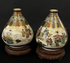 A pair of small, good quality satsuma vases cylindrical tapering form, each decorated with two