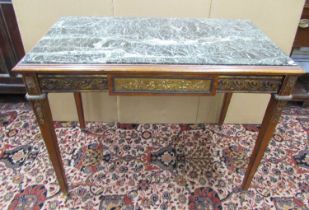 A French 19th century centre table, with inset green marble top, raised on squared tapered supports,