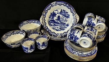 A Grainger Worcester blue and white tea set with chinoiserie detail, banded borders, to include side