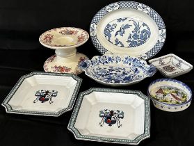 Mixed decorative ceramics and porcelain to include three armorial dishes, continental dinner plates,