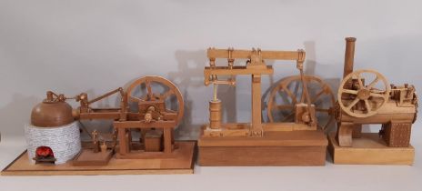 3 scratch built wooden models of early steam engines in teak including a stationary engine with