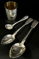 A Russian silver vodka shot beaker hallmarked St Petersburg 84, together with three Russian silver