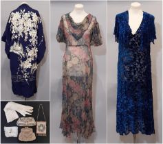 Two vintage dresses circa 1920's comprising a dress in fine printed silk with puffed sleeves and