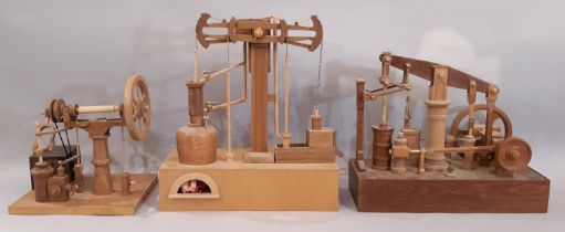 2 wooden scratch-built models of stationary beam steam engines in teak including a pump engine in