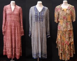 Two early 1980's Indian block printed cotton dresses comprising a dress in pink shades by Phool size