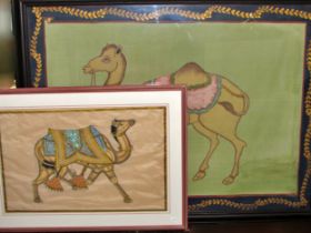 Two large 20th century Mughal style paintings of camels, gouache and gold paint on fabric, largest