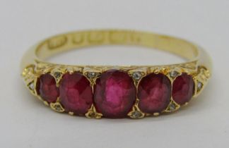 Antique 18ct graduated five stone ruby ring, interspersed with rose-cut diamonds, maker 'HG&S',