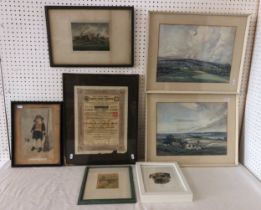 A group of seven prints, paintings and documents to include: C. Law Adam - two watercolour