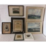 A group of seven prints, paintings and documents to include: C. Law Adam - two watercolour