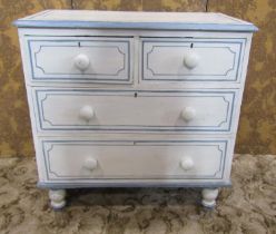 A Victorian pine bedroom chest of two long and two short drawers on turned supports with later