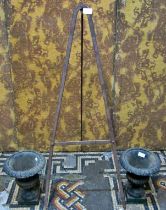 Iron tripod pot hook and a pair of small fluted iron urns (3)