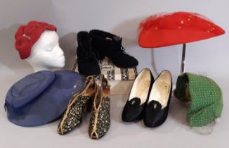 Vintage shoes and hats of 1930's-50's including a pair of gold and black shoes circa 1930 size 2/3