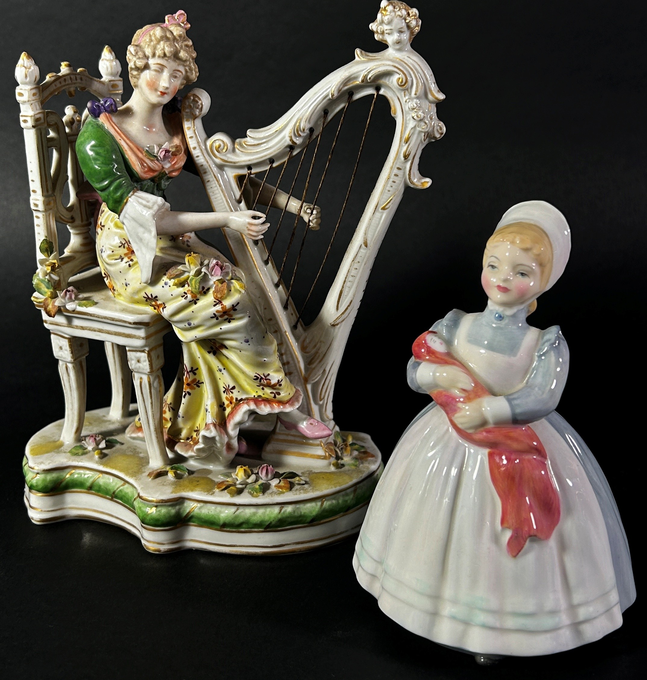 A 19th century German group - female harpist, a Doulton figure - The Puppet Maker, HN2253, The Cup - Image 2 of 3