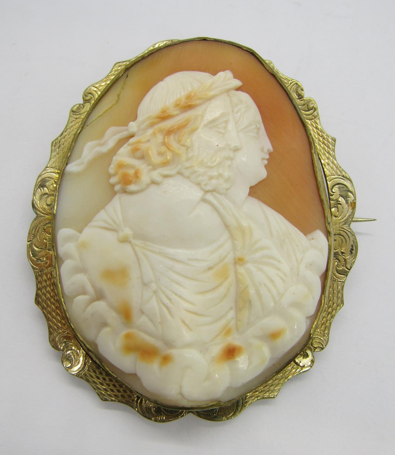 19th century gilt metal cameo brooch depicting Diana and Apollo amidst clouds, together with two mid - Image 2 of 5