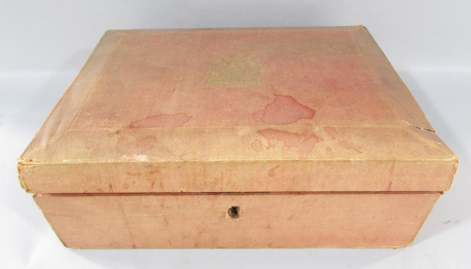 A distressed red Minister’s Document Box bearing the Royal Coat of Arms to the lid. - Image 2 of 3