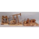 3 scratch-built wooden models of early steam engines including horizontal single piston engine in