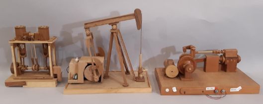 3 scratch-built wooden models of early steam engines including horizontal single piston engine in