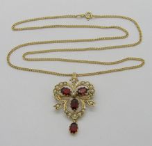 Antique style 9ct trefoil drop pendant / brooch set with garnets and seed pearls, hung from a 9ct